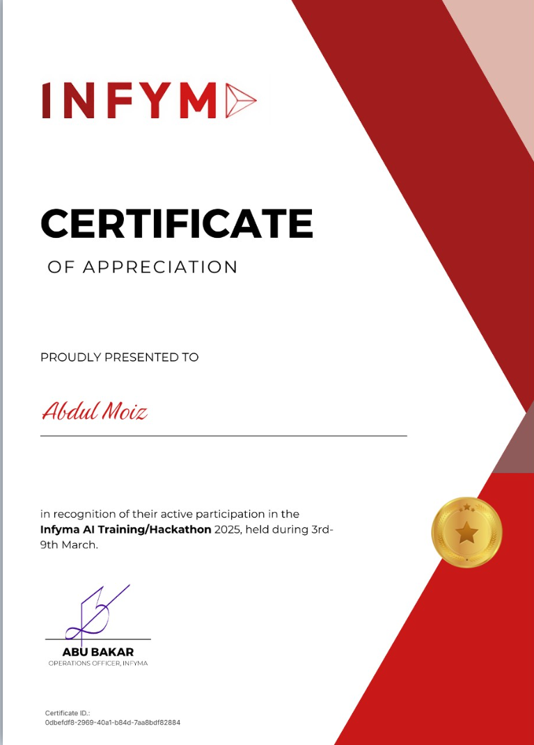 Infym AI Hackathon+Training Certificate